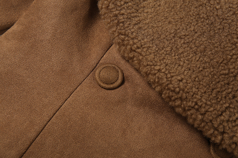 Cardydony Women's Faux Suede Fur-Trim Belted Jacket – Brown Suede Jacket