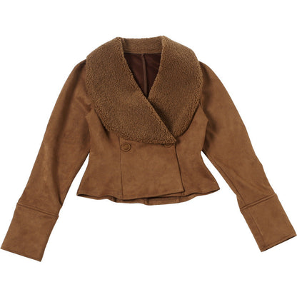 Cardydony Women's Faux Suede Fur-Trim Belted Jacket – Brown Suede Jacket