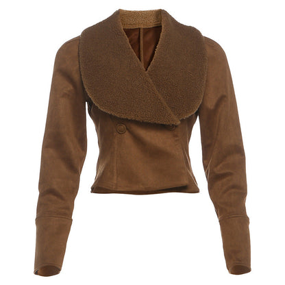 Cardydony Women's Faux Suede Fur-Trim Belted Jacket – Brown Suede Jacket