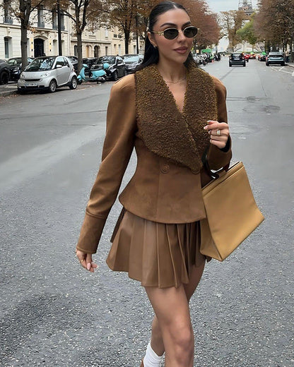Cardydony Women's Faux Suede Fur-Trim Belted Jacket – Brown Suede Jacket