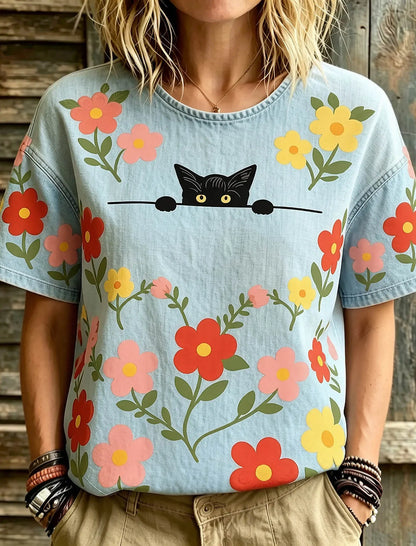 Cardydony Women's Hippie Cute Cat With Floral Art Print Linen Blend Round Neck Tshirt