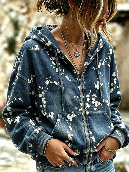 Cardydony Women's Vintage Japanese Cherry Blossom Art Plant Print Casual Hoodie