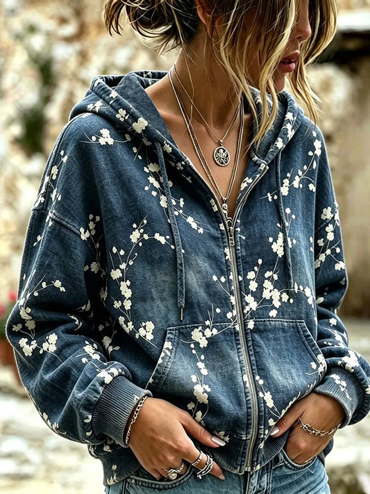 Cardydony Women's Vintage Japanese Cherry Blossom Art Plant Print Casual Hoodie