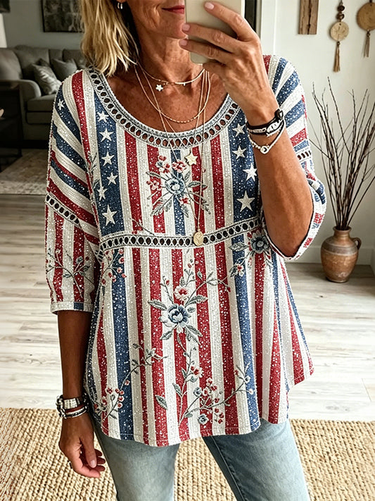 Cardydony Women's Retro Independence Day Anniversary Floral Art Three-quarter Sleeve Round Neck Top