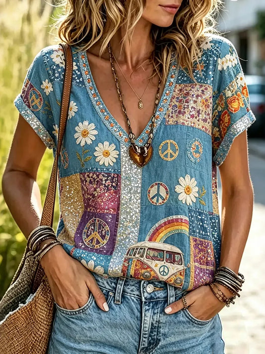 Cardydony Women's Patchwork Hippie Print Cotton Linen V-neck Short-sleeved T-shirt