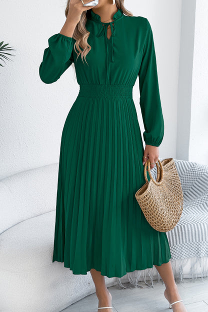 Cardydony Women's Solid Color Long-sleeved Fitted Waist Pleated Elegant Midi Dress