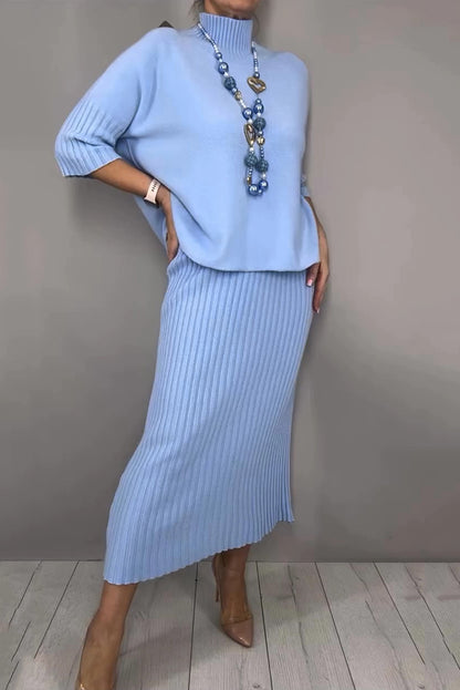 Cardydony Women's Solid Color Loose-fitting Turtleneck Knit Sweater and Stretchy Elegant Midi Skirt Set
