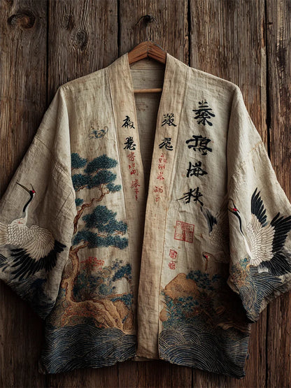 Cardydony Japanese Cranes & Pine Trees Sea Waves Linen Kimono