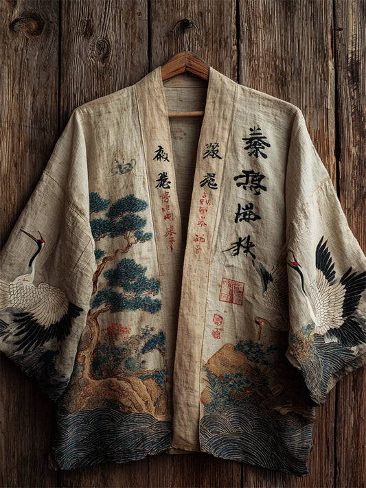 Cardydony Japanese Cranes & Pine Trees Sea Waves Linen Kimono