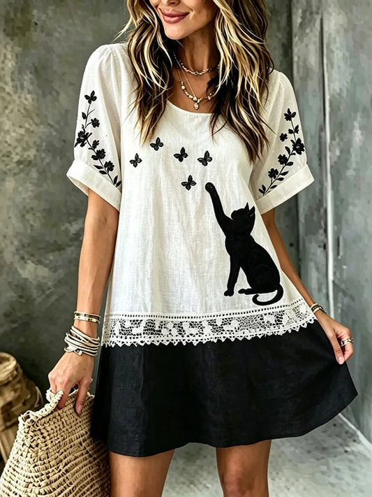 Cardydony Women's Black Cat Art Embroidered Linen Blend Round Neck Mini Dress