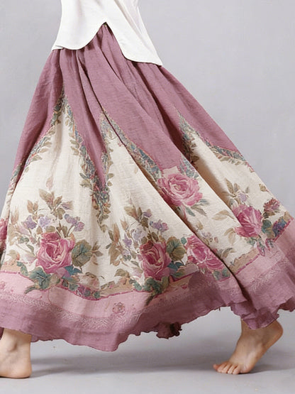 Cardydony Women's Vintage Bohemian Rose Floral Pattern Linen Skirt