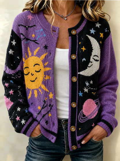 Cardydony Women's Casual Cardigan With Hippie Sun, Moon, And Star Print
