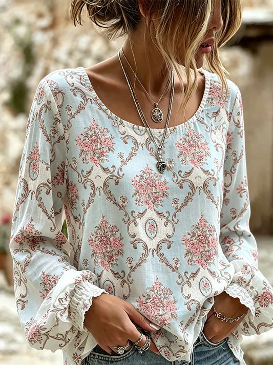 Cardydony Vintage Floral And Baroque Print Art Comfortable Cotton-linen Crew Neck Long-sleeved Top