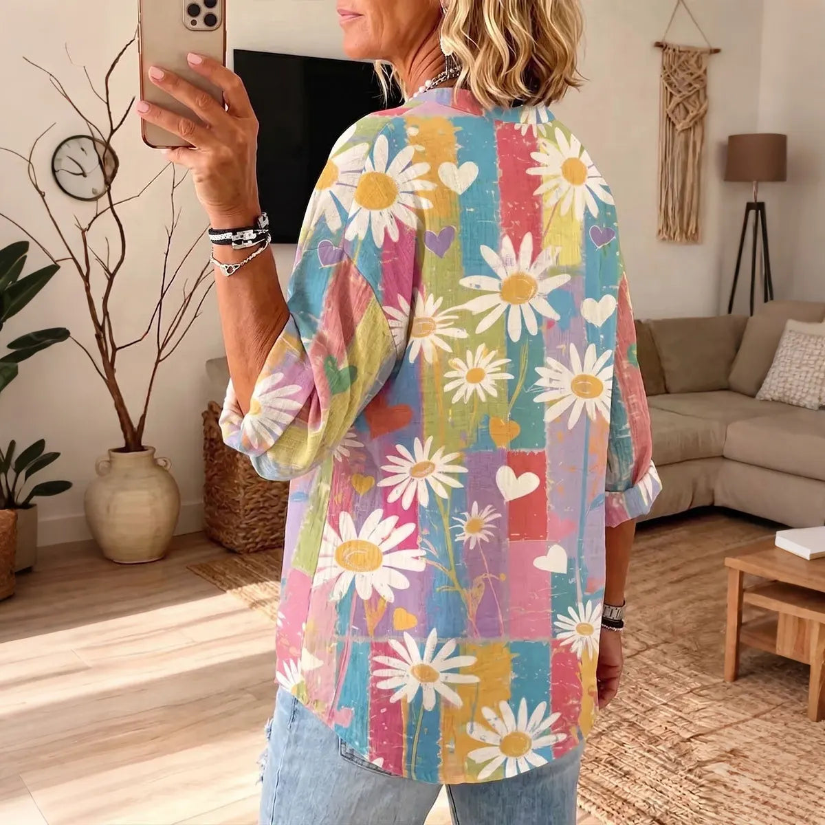 Cardydony Women's Vintage Daisy Art Print Long Sleeve Shirt