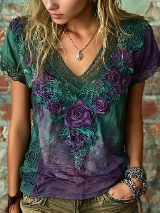 Cardydony Women's Retro Bohemian Style Floral Rose Embroidery Print V-neck Top