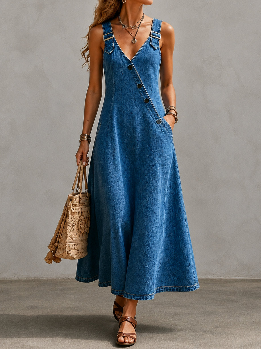 Cardydony Elegant V-neck Diagonal Button Denim Overalls Maxi Dress