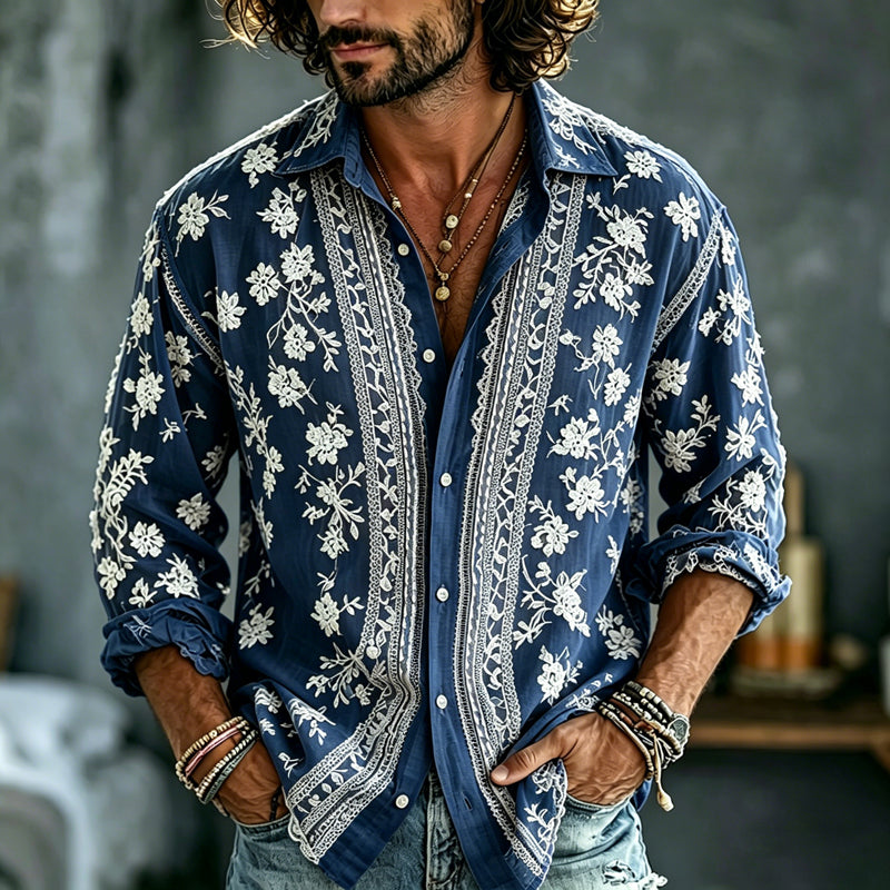 Cardydony Men's Summer Floral Embroidered Art Print Flowy Linen Blend Shirt