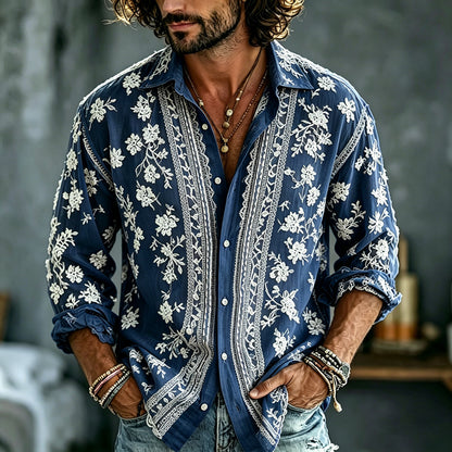 Cardydony Men's Summer Floral Embroidered Art Print Flowy Linen Blend Shirt