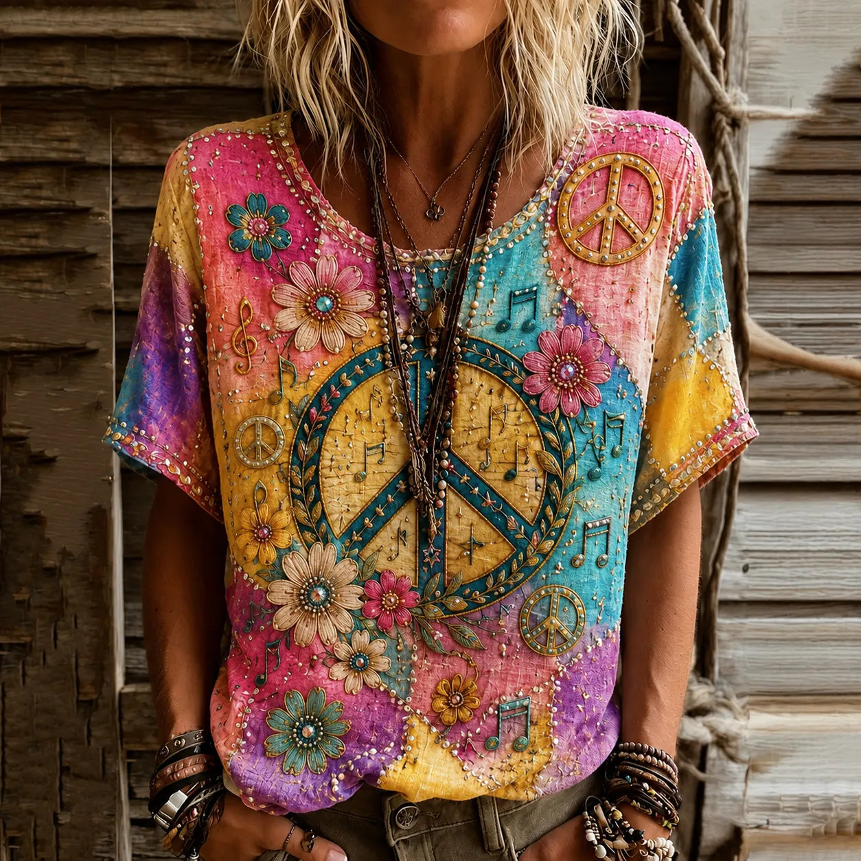 Cardydony Women's Vintage Hippie Floral Art Crew Neck Short Sleeve Linen Blend T-shirt