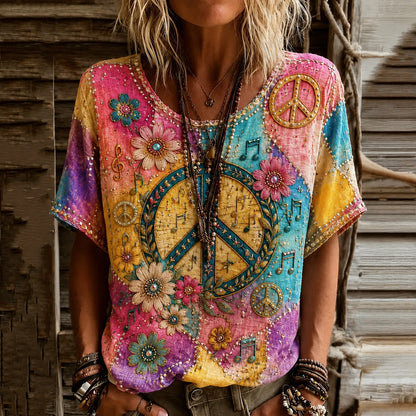 Cardydony Women's Vintage Hippie Floral Art Crew Neck Short Sleeve Linen Blend T-shirt