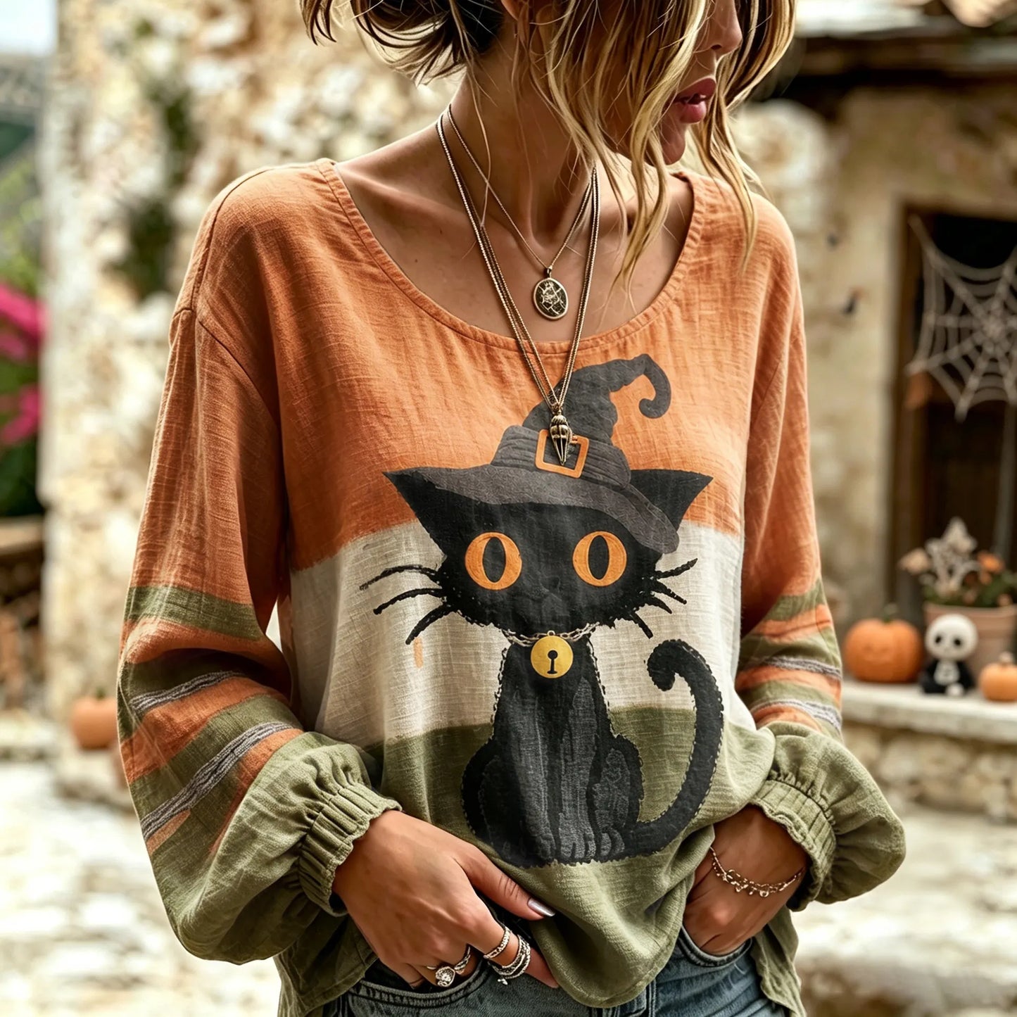 Cardydony Women's Vintage Halloween Wizard Cat Art Printed Linen Blend Round Neck Long Sleeve Tops