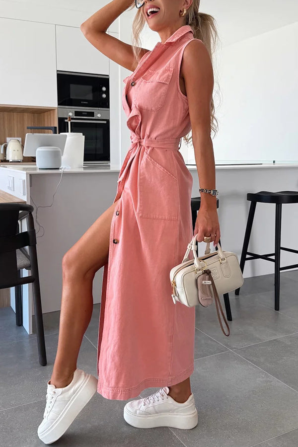 Cardydony Women's Solid Color Sleeveless Single Breasted Waist Tie Casual Pocket Denim Midi Dress