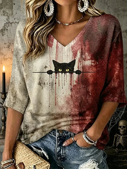 Cardydony Women's Cute Cat With Blood Printed Mid-length Sleeves V-neck T-shirt