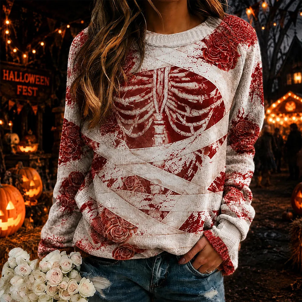 Cardydony Women's Halloween Human Anatomy Art Casual Crewneck Sweater