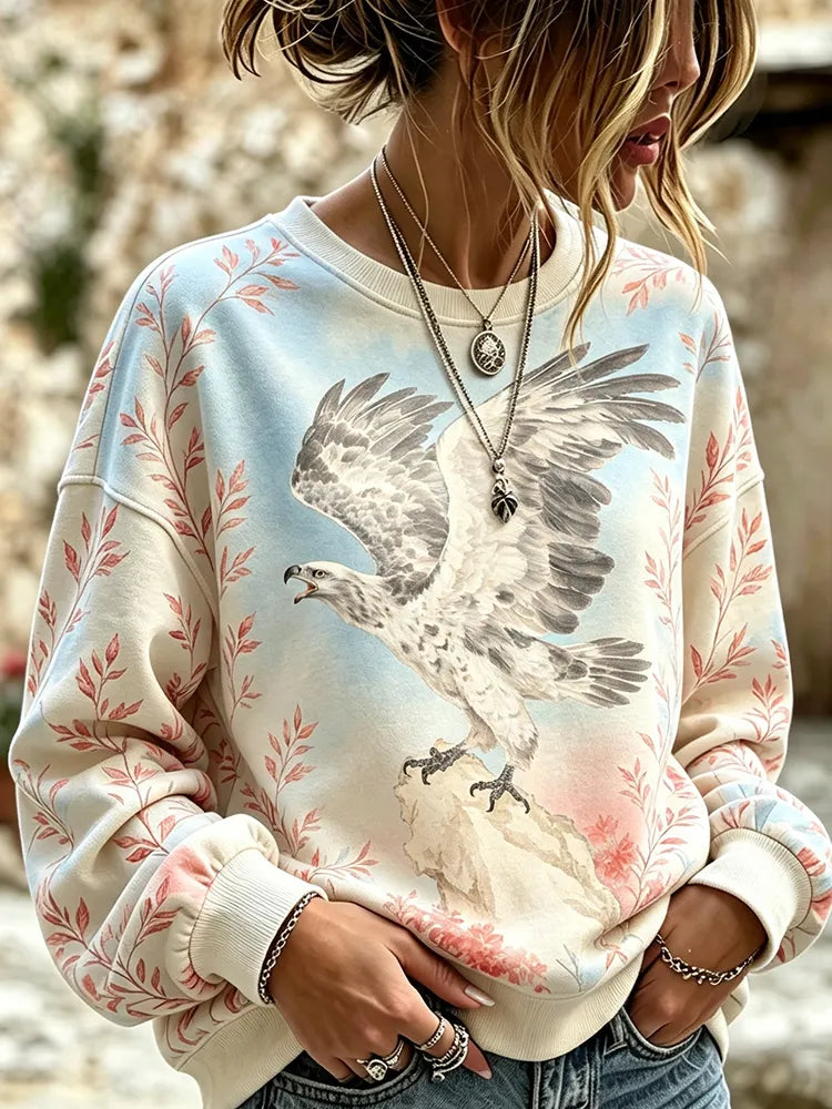 Cardydony Women's Vintage Graphic Sweatshirt - Bald Eagle On Rock And Botanical Leaves Print Casual Pullover