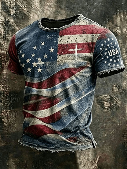 Cardydony Men's Retro Independence Day Flag Pattern Crew Neck Short Sleeve T-shirt