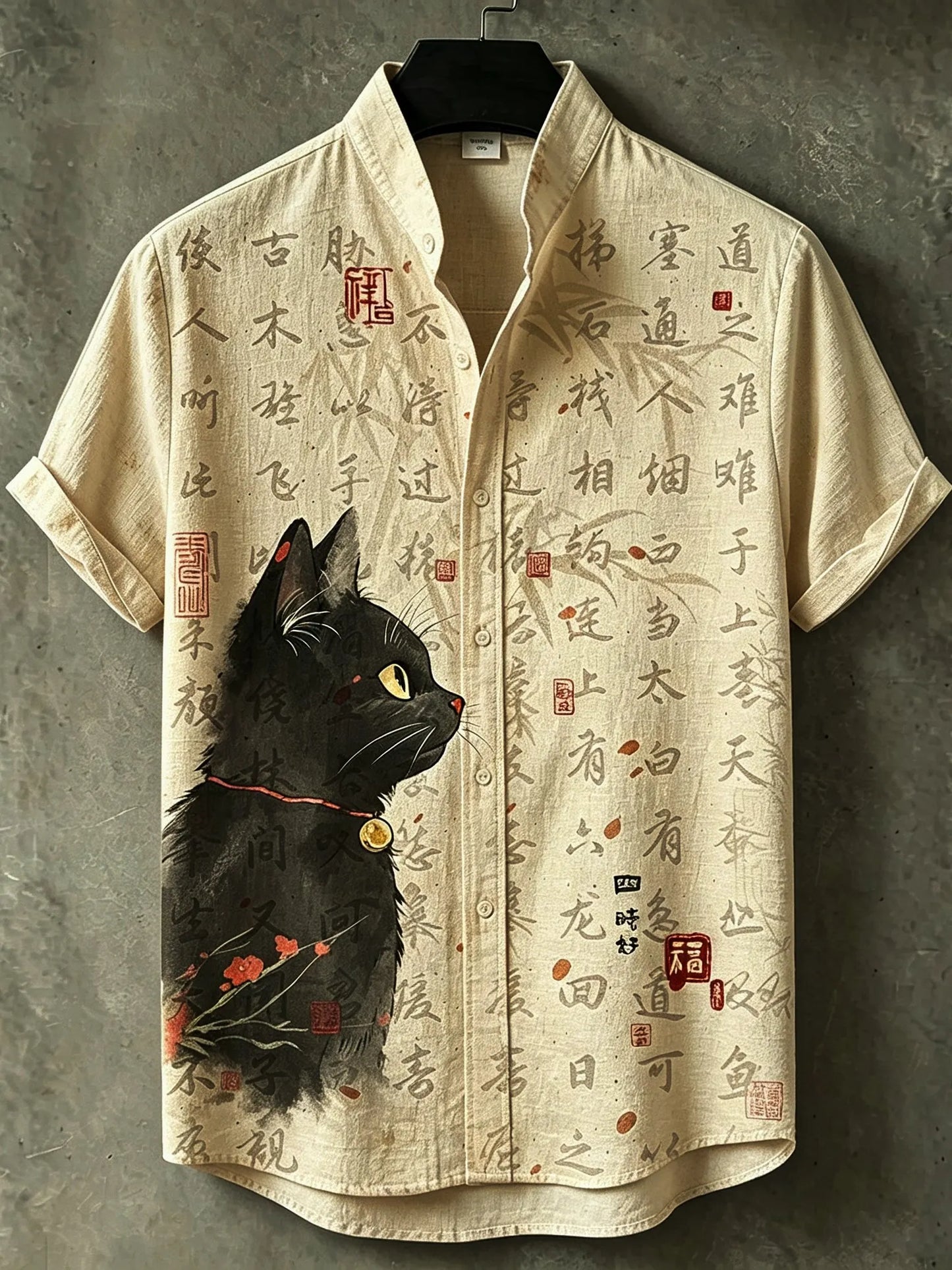 Cardydony Men's Retro Japanese Art Cat And Calligraphy Print Shirt