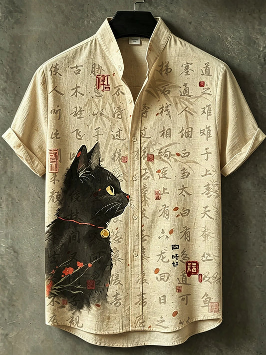 Cardydony Men's Retro Japanese Art Cat And Calligraphy Print Shirt
