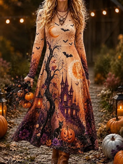 Cardydony Women's Retro Halloween Castle Pumpkin Black Cat Bat Print Round Neck Long Sleeve Dress