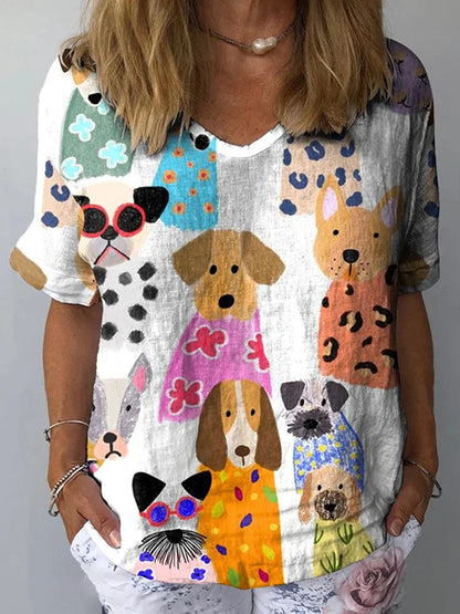 Cardydony Women's Colorful Puppy Casual Linen T-shirt