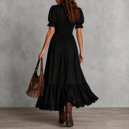 Cardydony Elegant Solid Color Fitted Waist Ruffled V-neck Maxi Dress