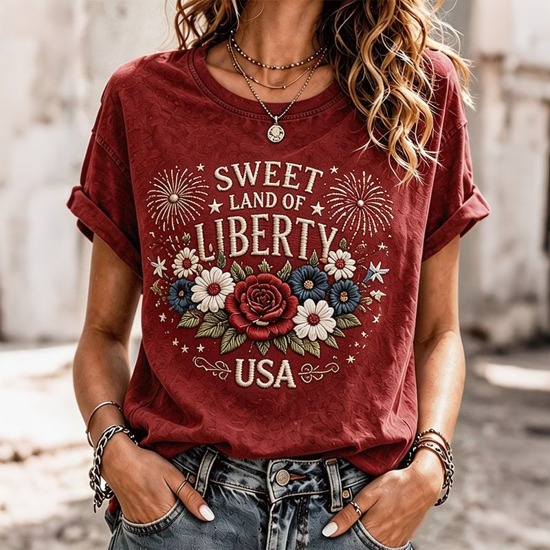 Cardydony Women's Sweet Land Of Liberty Floral Usa Art Short-sleeve T-shirt