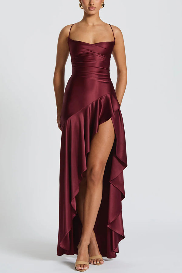 Cardydony Women's Solid Color Sexy Backless Lace-up Irregular Ruffled Maxi Dress