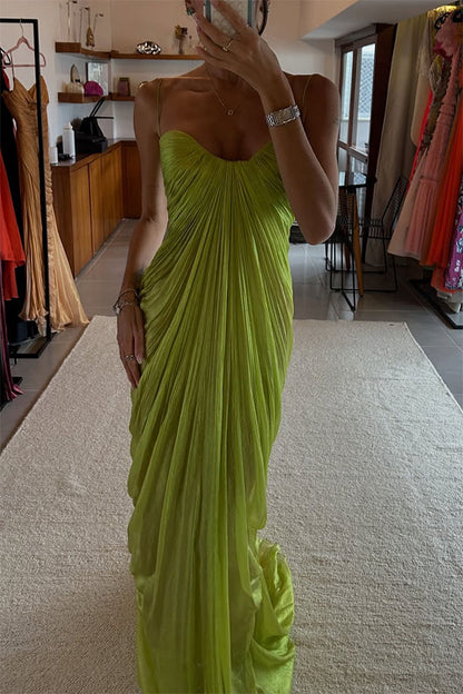 Cardydony Women's Victoria Shimmering and Flowing Pleated Fabric Back Lace-up Drape Maxi Dress