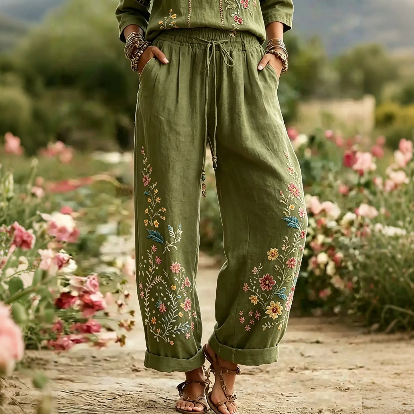 Cardydony Women's Retro Floral Cotton Linen Trousers