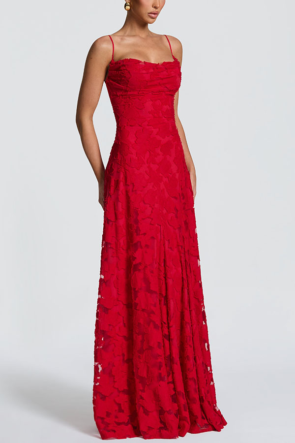 Cardydony Women's Francis Custom Floral Burnout Fabric Cowl Neck Back Lace-up Maxi Dress