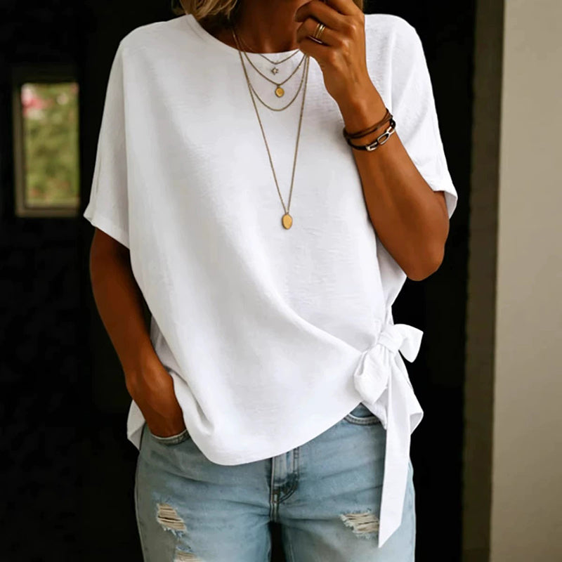 Cardydony Women's Vintage Bow-tie Short Sleeves Round Neck Linen T-shirt