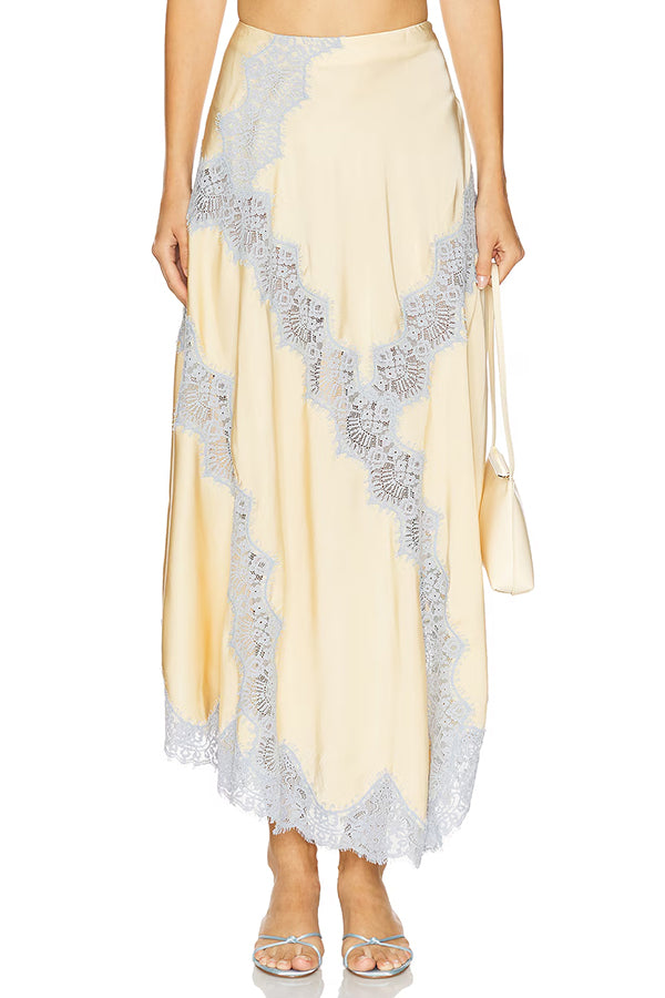 Cardydony Women's Wine Tasting Contrast Color Satin Lace Trim Irregular Hem Drape Midi Skirt