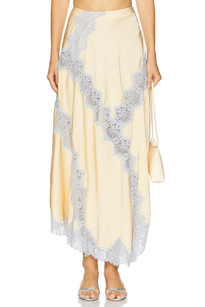 Cardydony Women's Wine Tasting Contrast Color Satin Lace Trim Irregular Hem Drape Midi Skirt