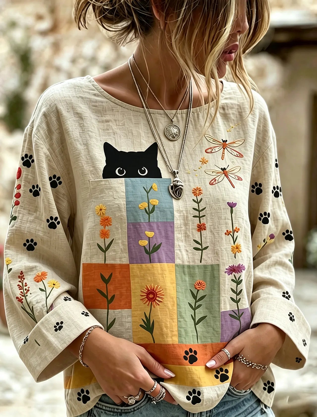 Cardydony Women's Vintage Hippie Cute Cat In Patchwork Art Linen Blend Round Neck Long Sleeve Tshirt