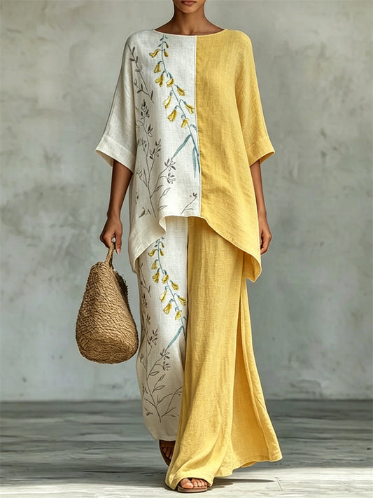 Cardydony Forest Floral Contrast Flowy Linen Tunic & Wide Leg Pants Set