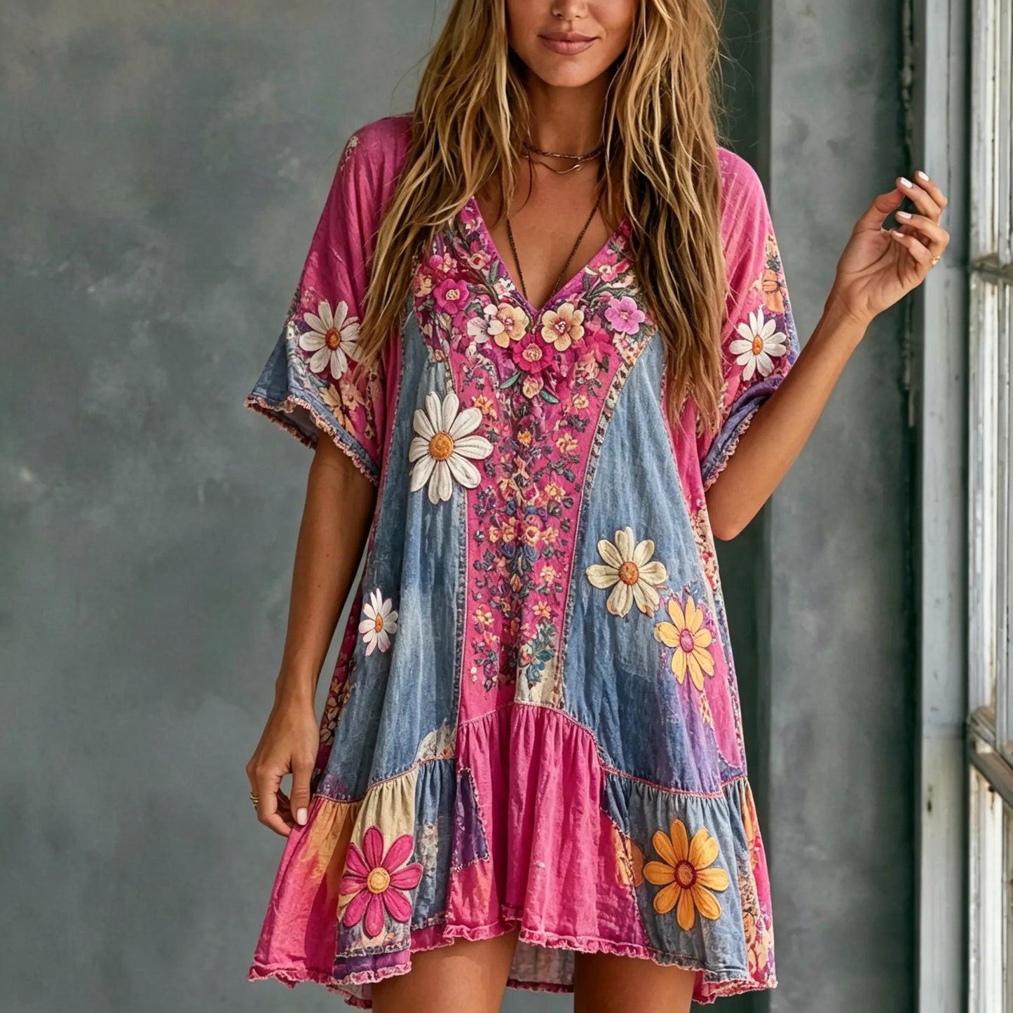 Cardydony Women's Retro Floral Ethnic Cotton Linen Dress