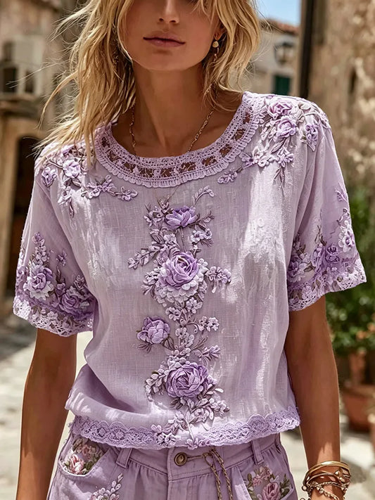 Cardydony Women's Retro Floral Art Embroidery Cotton Linen T-shirt