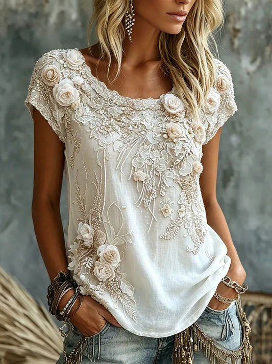 Cardydony Women's Retro Bohemian Floral Pattern Casual Cotton-linen Blend T-shirt