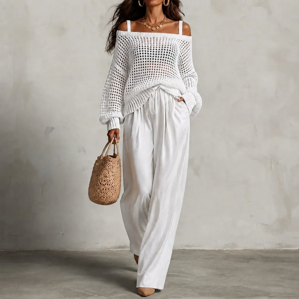 Cardydony Elegance Two-piece Set: Openwork Knit Top And Wide-leg Pants