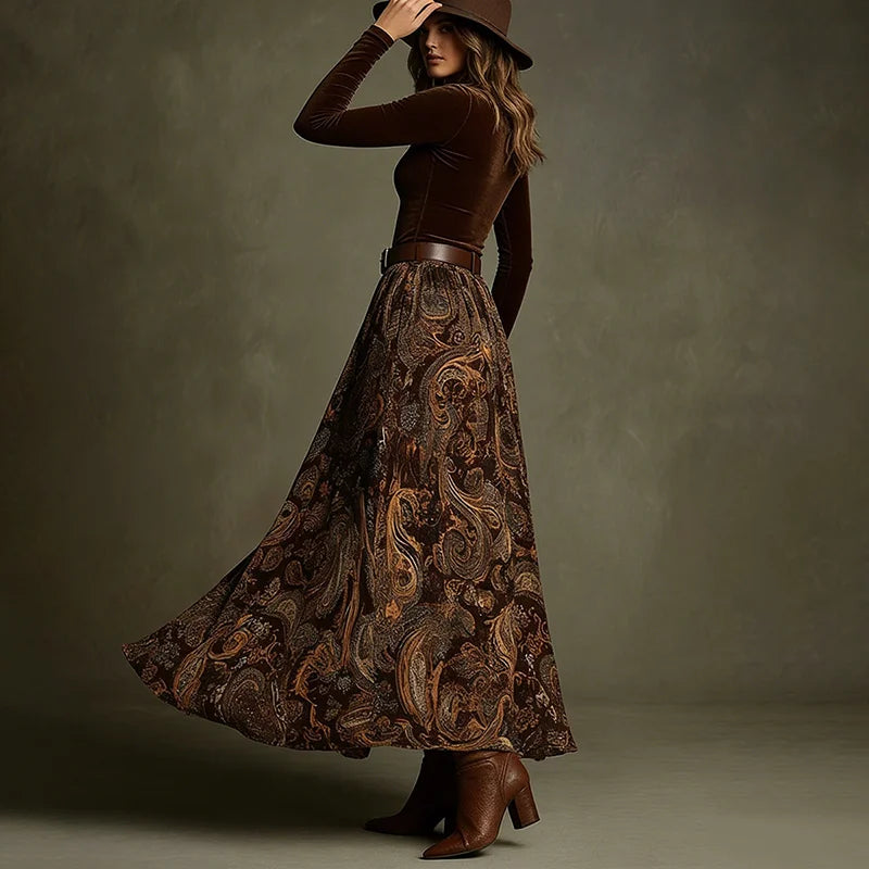 Cardydony Vintage Printed Velvet Belted Maxi Dress